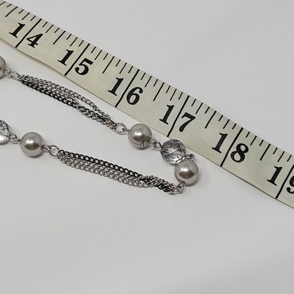 Express Layered Princess Matinee Necklace Silver Faux Pearl Crystal Multi Chain - Picture 5 of 10